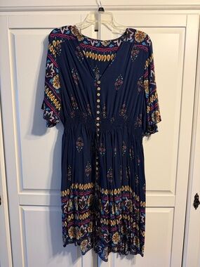 Women's Navy Midi Dress with Floral Print and Button Front